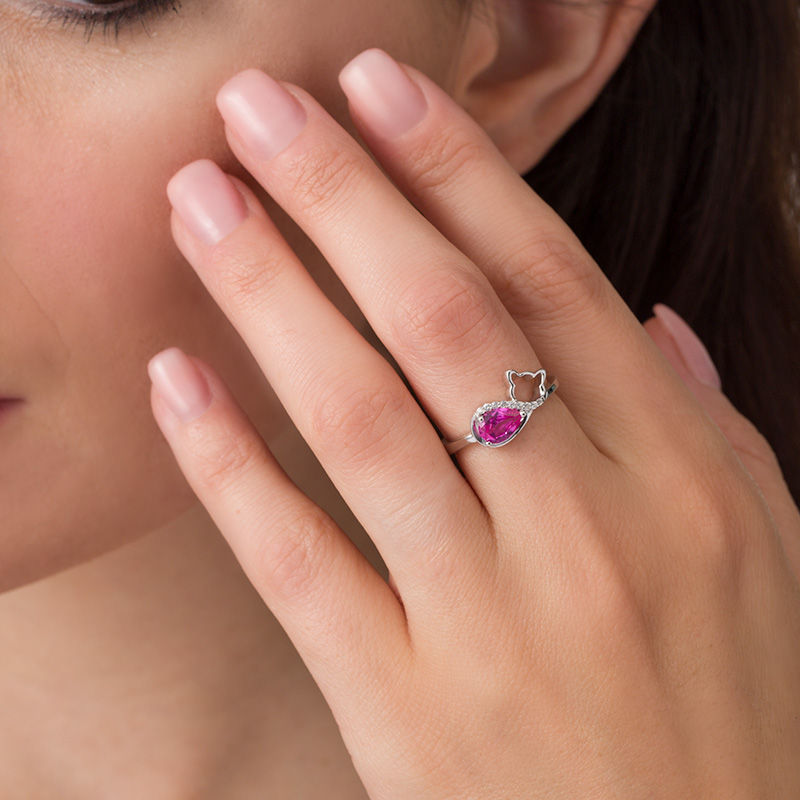 Pear-Shaped Lab-Created Pink and White Sapphire Sleeping Cat Ring in Sterling Silver