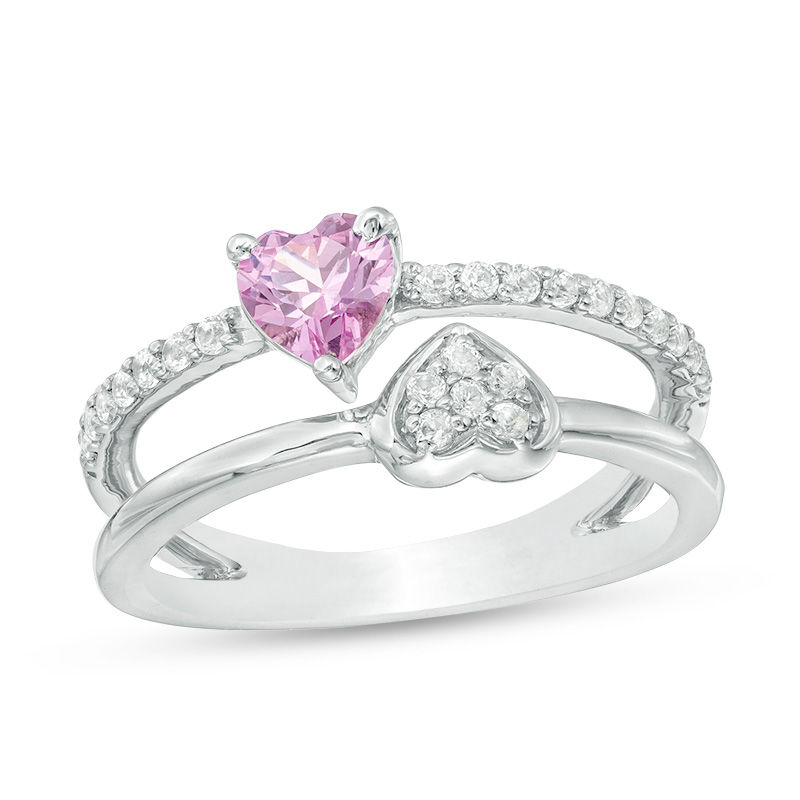 Lab-Created Pink and White Sapphire Composite Mirrored Hearts Split Shank Ring in Sterling Silver