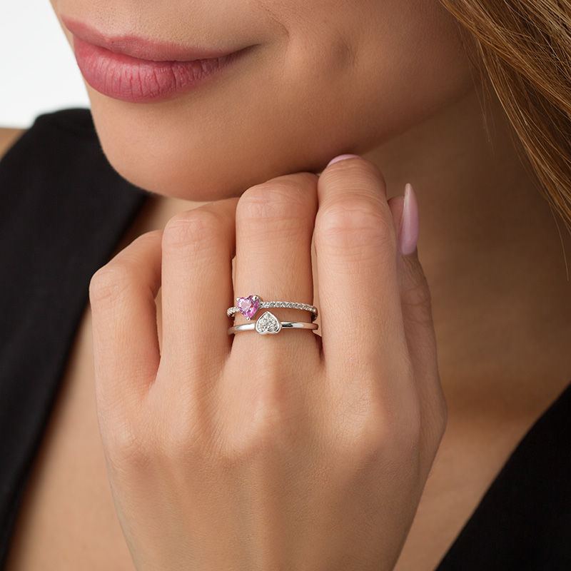 Lab-Created Pink and White Sapphire Composite Mirrored Hearts Split Shank Ring in Sterling Silver