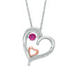 Thumbnail Image 0 of Unstoppable Love™ 3.4mm Lab-Created Ruby and Beaded Tilted Double Heart Pendant in Sterling Silver and 10K Rose Gold