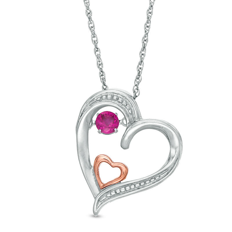 Unstoppable Love™ 3.4mm Lab-Created Ruby and Beaded Tilted Double Heart Pendant in Sterling Silver and 10K Rose Gold