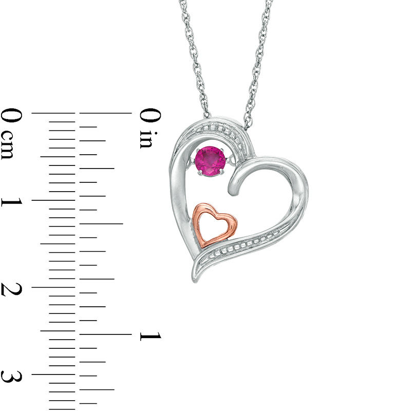 Unstoppable Love™ 3.4mm Lab-Created Ruby and Beaded Tilted Double Heart Pendant in Sterling Silver and 10K Rose Gold