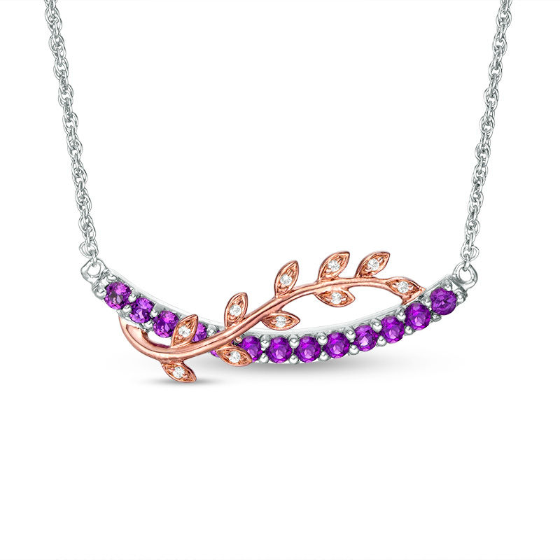 Amethyst and Lab-Created White Sapphire Vine Overlay Curved Bar Necklace in Sterling Silver and 10K Rose Gold