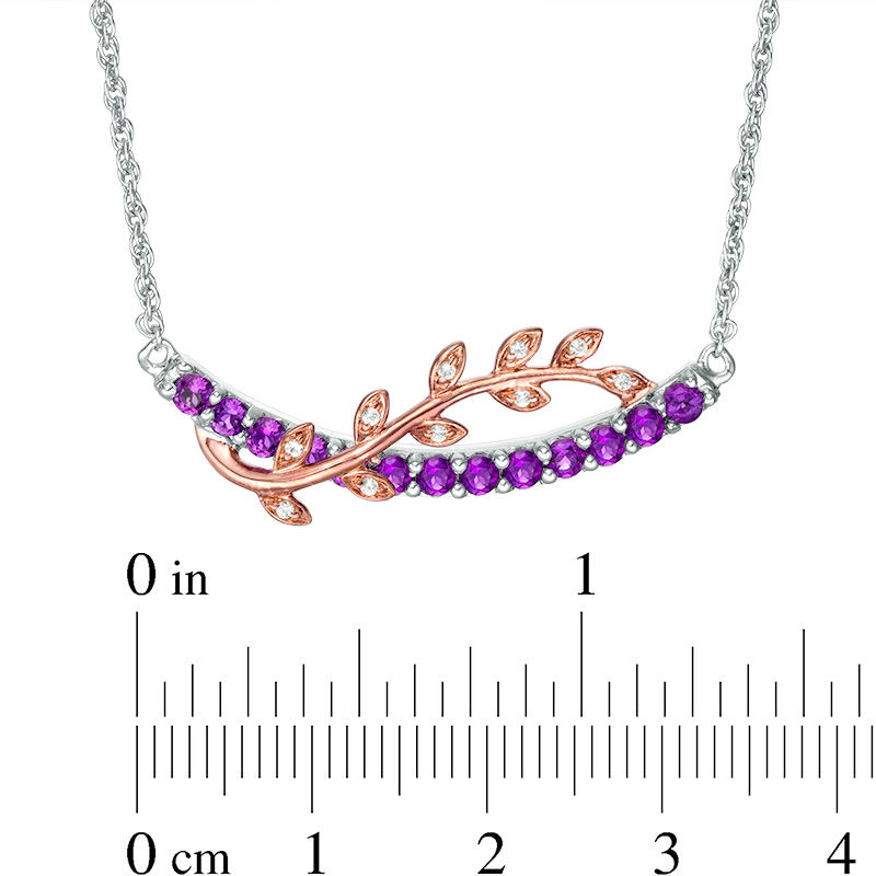 Amethyst and Lab-Created White Sapphire Vine Overlay Curved Bar Necklace in Sterling Silver and 10K Rose Gold