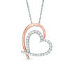 Thumbnail Image 0 of Lab-Created White Sapphire Tilted Double Heart Outline Pendant in Sterling Silver and 10K Rose Gold