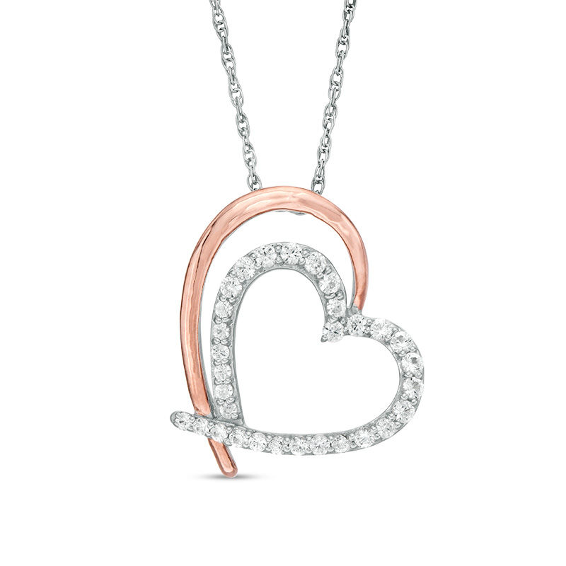 Lab-Created White Sapphire Tilted Double Heart Outline Pendant in Sterling Silver and 10K Rose Gold