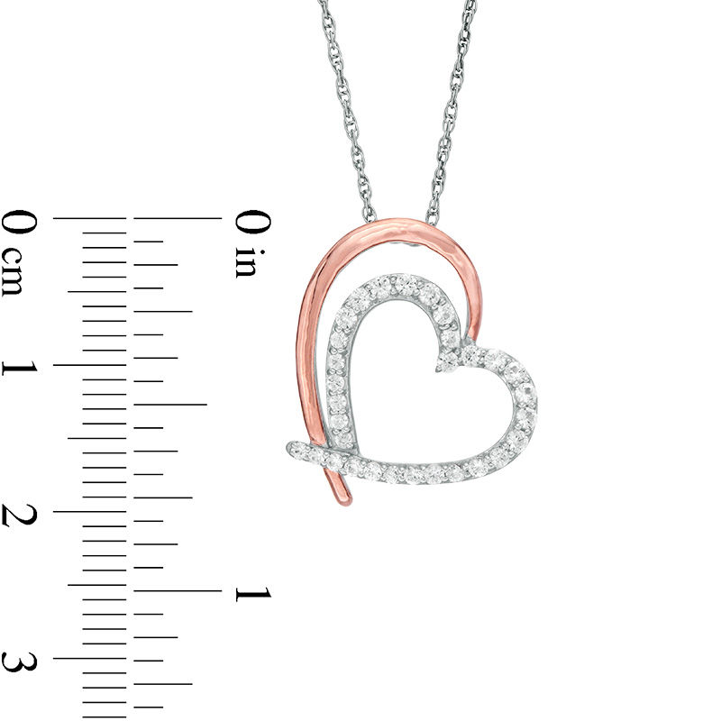 Lab-Created White Sapphire Tilted Double Heart Outline Pendant in Sterling Silver and 10K Rose Gold