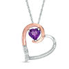Thumbnail Image 0 of 6.0mm Amethyst and 0.04 CT. T.W. Diamond Tilted Loop Heart Pendant in Sterling Silver and 10K Rose Gold