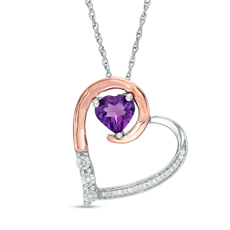 6.0mm Amethyst and 0.04 CT. T.W. Diamond Tilted Loop Heart Pendant in Sterling Silver and 10K Rose Gold