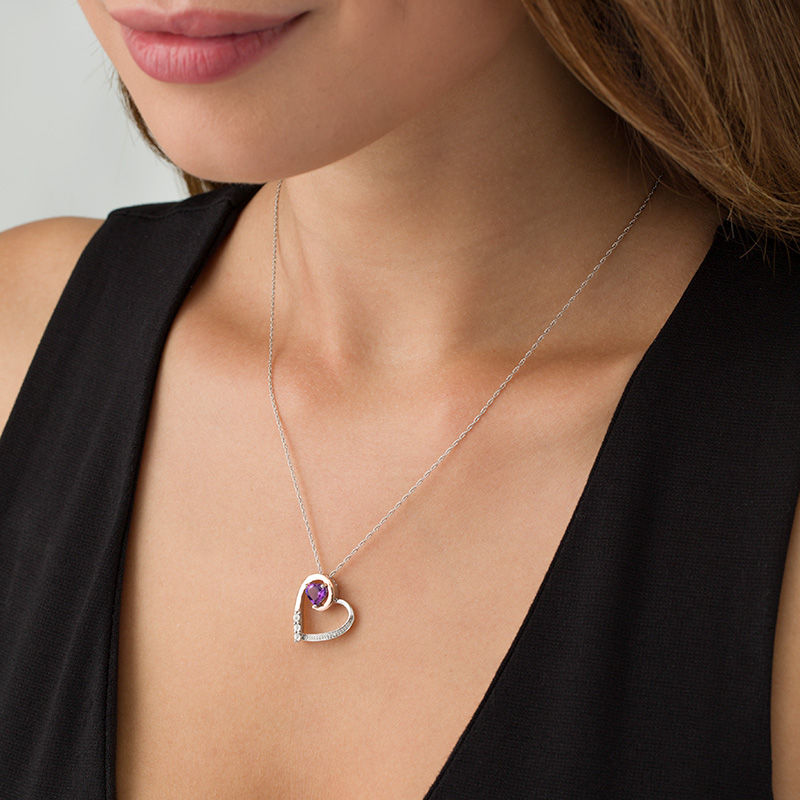 6.0mm Amethyst and 0.04 CT. T.W. Diamond Tilted Loop Heart Pendant in Sterling Silver and 10K Rose Gold