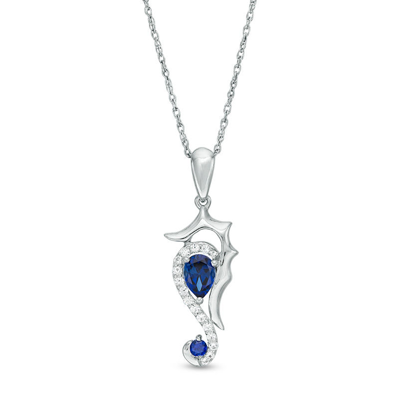 Lab-Created Blue and White Sapphire Seahorse Pendant in Sterling Silver
