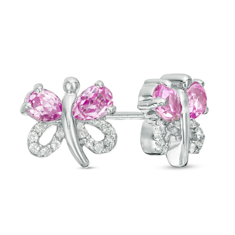 Pear-Shaped Lab-Created Pink and White Sapphire Butterfly Stud Earrings in Sterling Silver|Peoples Jewellers