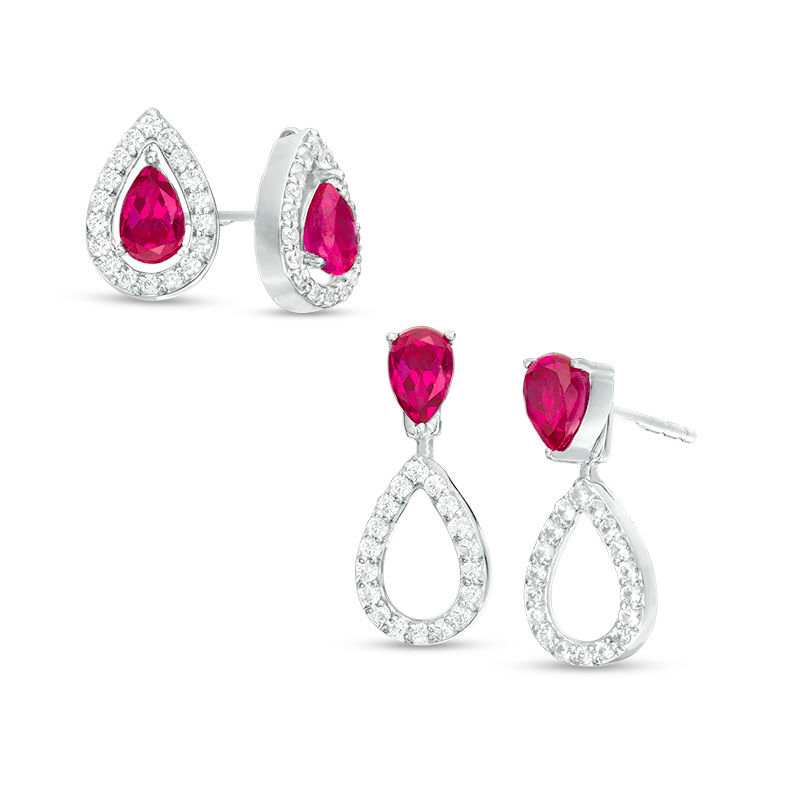 Pear-Shaped Lab-Created Ruby and White Sapphire Convertible Front/Back Earrings in Sterling Silver