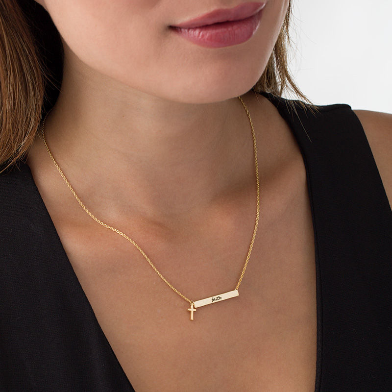 "faith" Bar with Cross Charm Necklace in 10K Gold