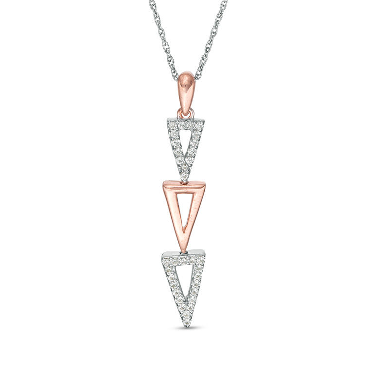 Lab-Created White Sapphire Graduated Open Triple Triangle Drop Pendant in Sterling Silver and 10K Rose Gold|Peoples Jewellers