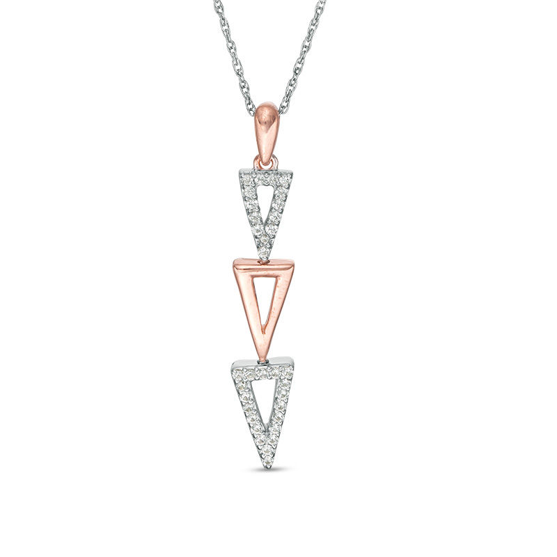 Lab-Created White Sapphire Graduated Open Triple Triangle Drop Pendant in Sterling Silver and 10K Rose Gold