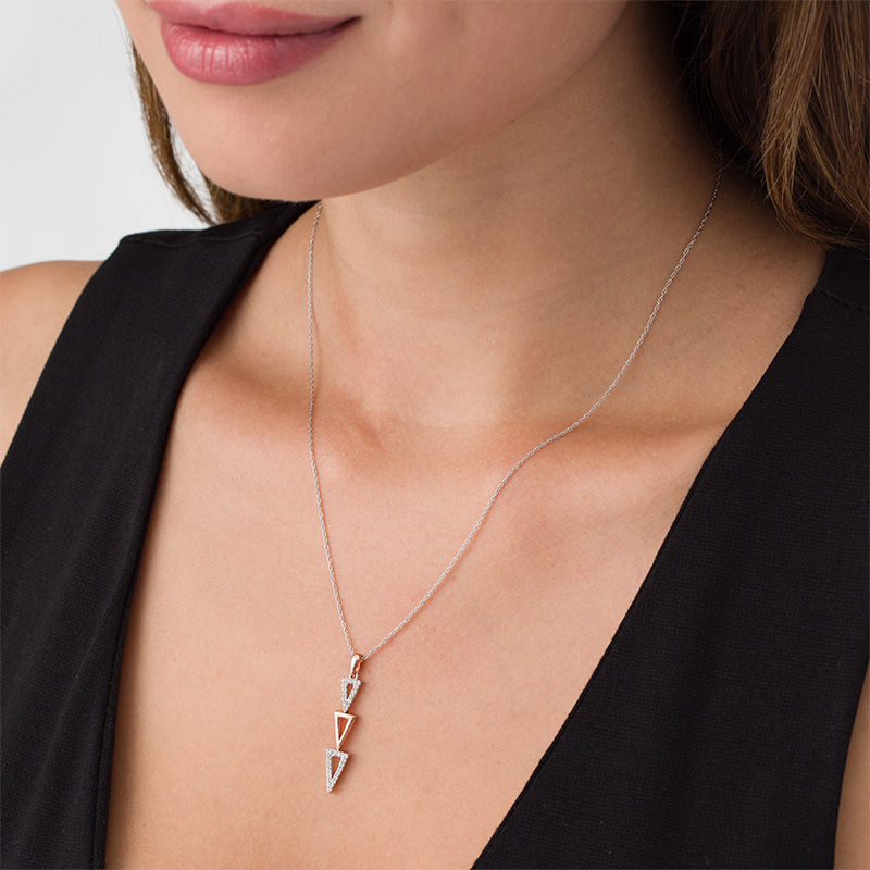Lab-Created White Sapphire Graduated Open Triple Triangle Drop Pendant in Sterling Silver and 10K Rose Gold