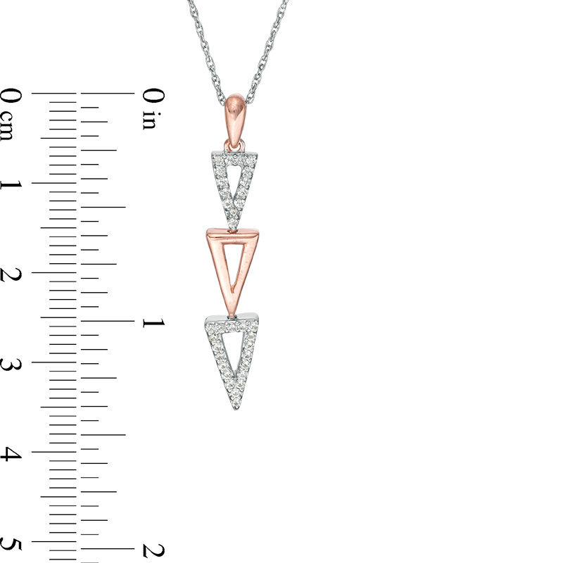 Lab-Created White Sapphire Graduated Open Triple Triangle Drop Pendant in Sterling Silver and 10K Rose Gold