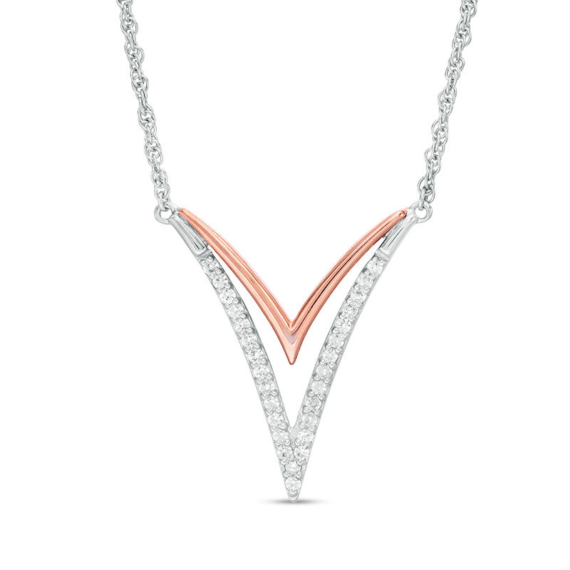 Lab-Created White Sapphire Double "V" Necklace in Sterling Silver and 10K Rose Gold|Peoples Jewellers