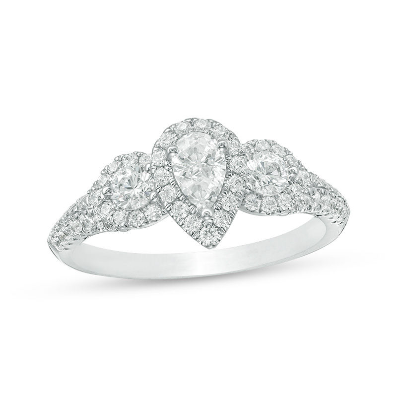 0.95 CT. T.W. Pear-Shaped Diamond Past Present Future® Frame Vintage-Style Engagement Ring in 14K White Gold