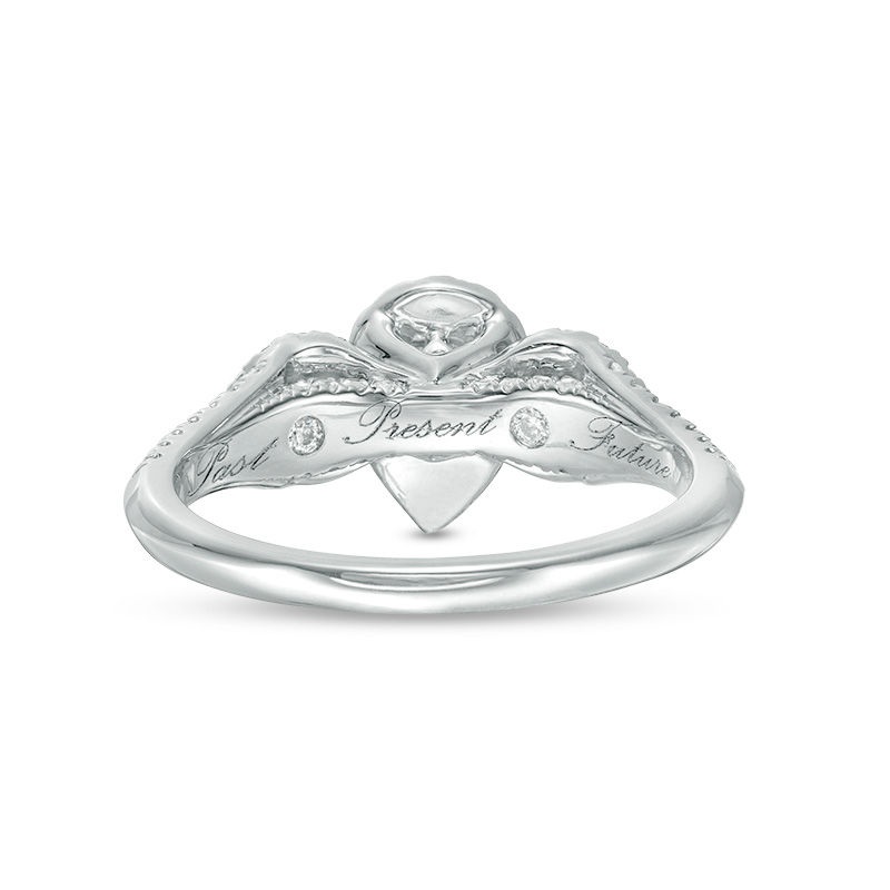 Main Image 4 of 0.95 CT. T.W. Pear-Shaped Diamond Past Present Future® Frame Vintage-Style Engagement Ring in 14K White Gold