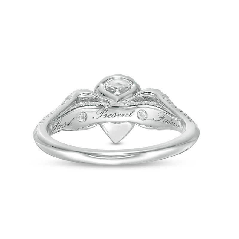 0.95 CT. T.W. Pear-Shaped Diamond Past Present Future® Frame Vintage-Style Engagement Ring in 14K White Gold