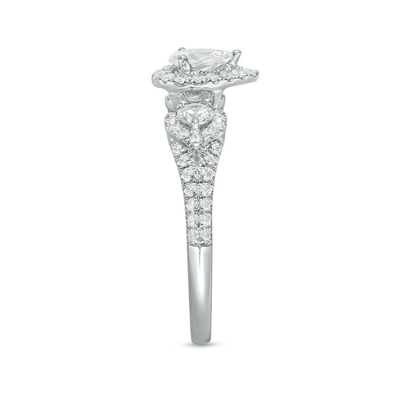 0.95 CT. T.W. Pear-Shaped Diamond Past Present Future® Frame Vintage-Style Engagement Ring in 14K White Gold