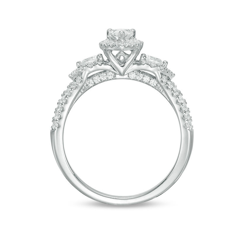 0.95 CT. T.W. Pear-Shaped Diamond Past Present Future® Frame Vintage-Style Engagement Ring in 14K White Gold