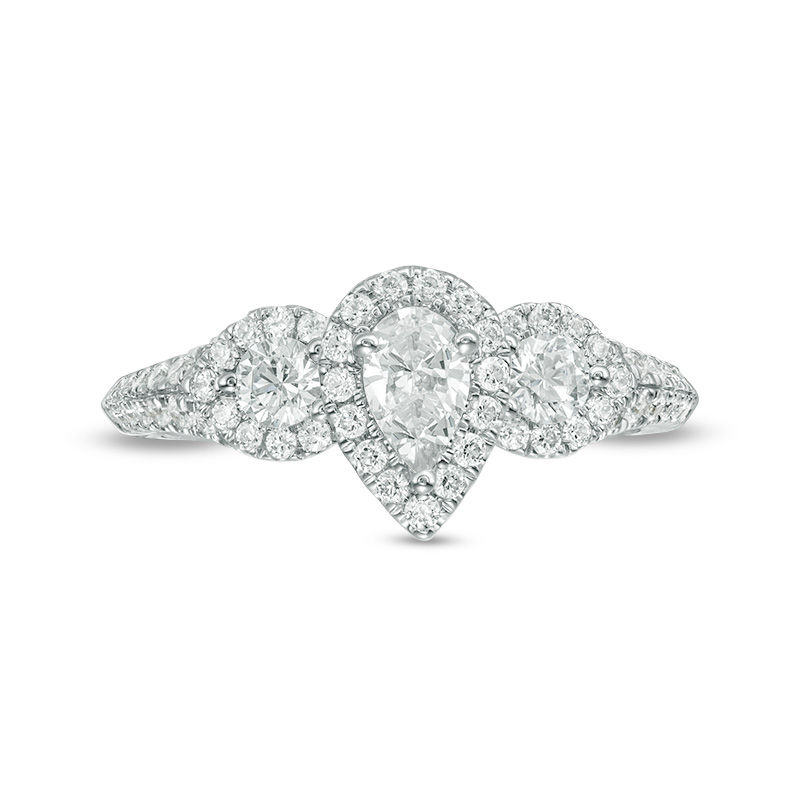 0.95 CT. T.W. Pear-Shaped Diamond Past Present Future® Frame Vintage-Style Engagement Ring in 14K White Gold