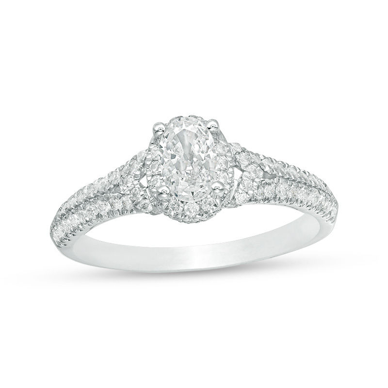 1.00 CT. T.W. Certified Oval Diamond Frame Engagement Ring in 14K White Gold (I/SI2)|Peoples Jewellers
