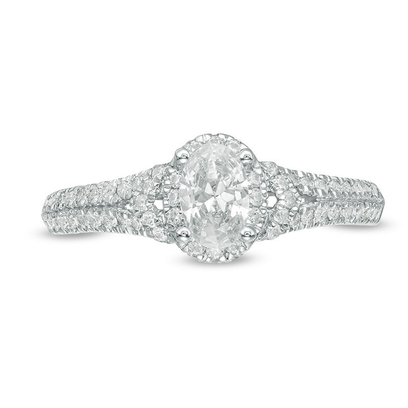 Main Image 6 of 1.00 CT. T.W. Certified Oval Diamond Frame Engagement Ring in 14K White Gold (I/SI2)