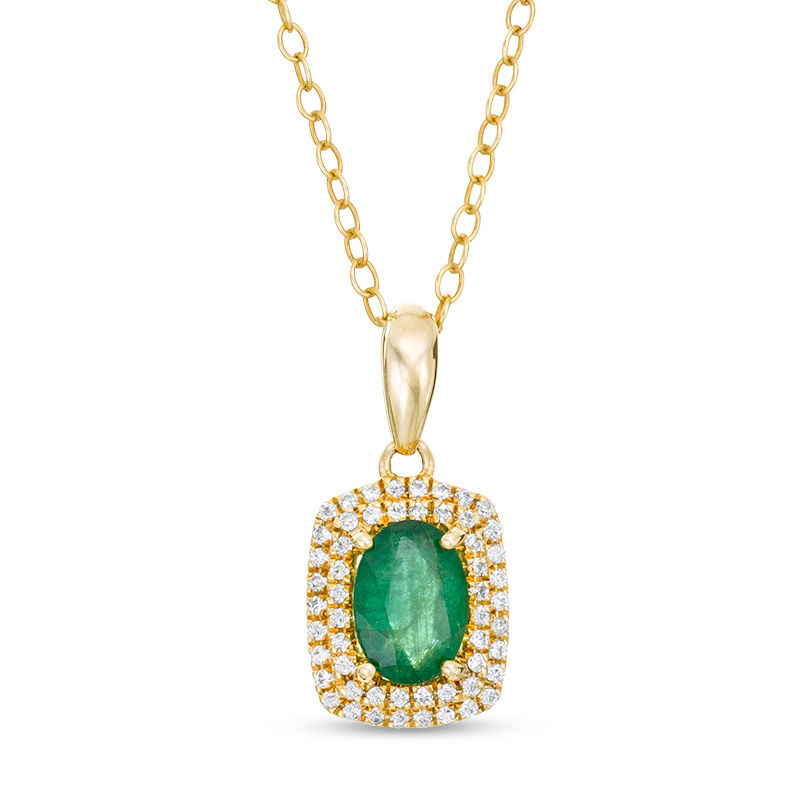Main Image 1 of Oval Emerald and 0.15 CT. T.W. Diamond Double Cushion Frame Drop Pendant in 10K Gold
