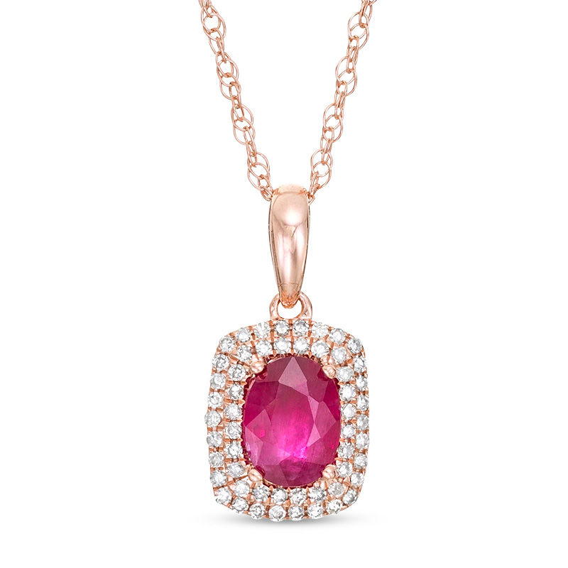 Oval Ruby and 0.15 CT. T.W. Diamond Cushion-Shaped Double Frame Pendant in 10K Rose Gold