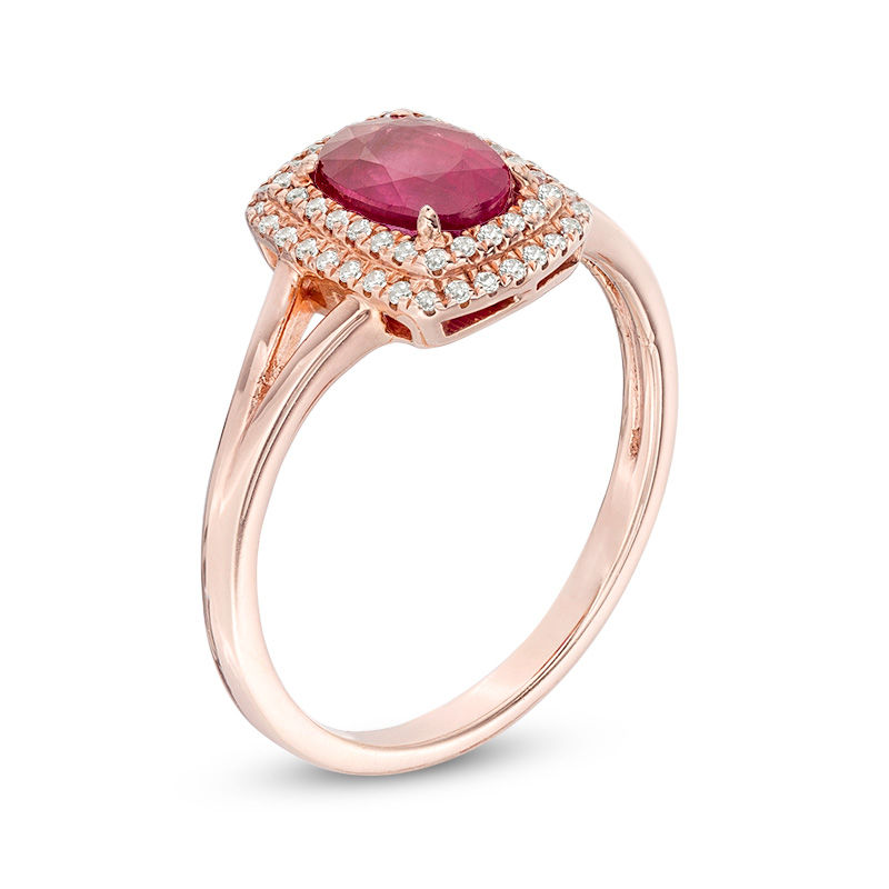 Main Image 3 of Oval Ruby and 0.15 CT. T.W. Diamond Double Cushion Frame Ring in 10K Rose Gold