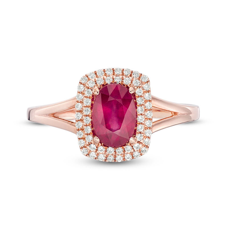 Oval Ruby and 0.15 CT. T.W. Diamond Double Cushion Frame Ring in 10K Rose Gold