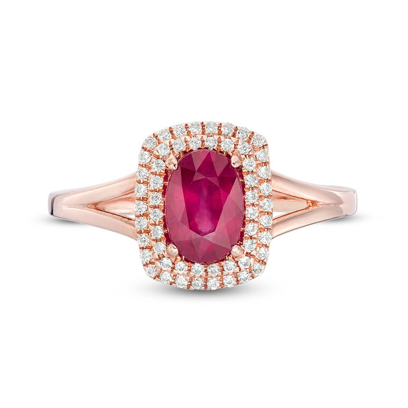 Main Image 4 of Oval Ruby and 0.15 CT. T.W. Diamond Double Cushion Frame Ring in 10K Rose Gold