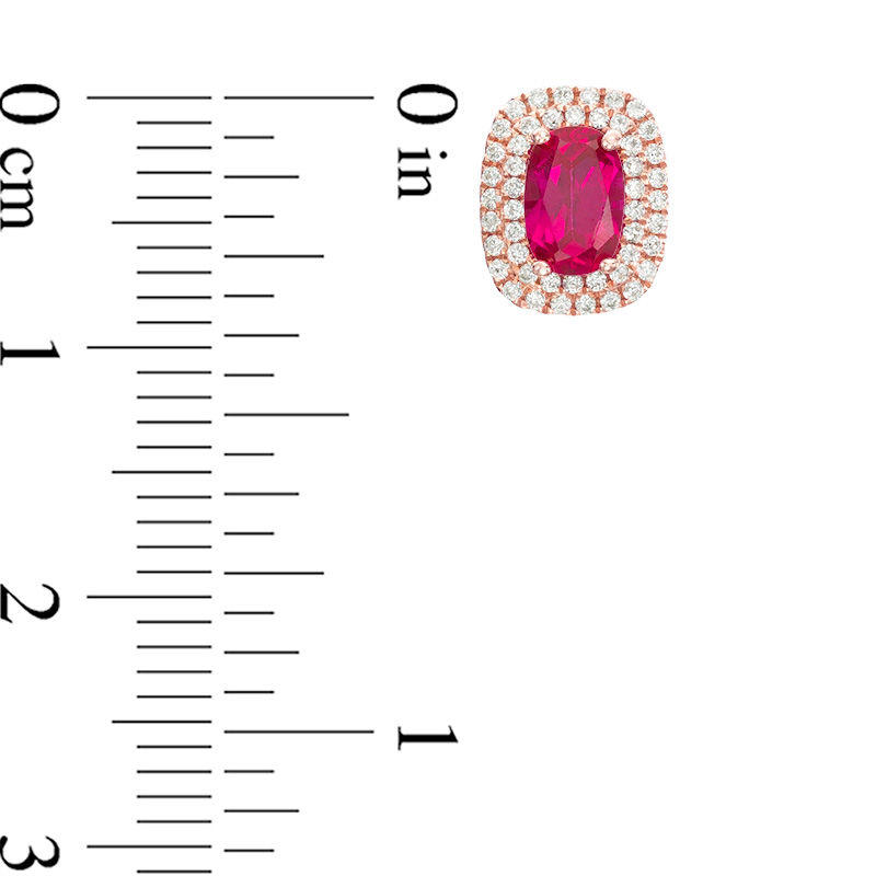Main Image 3 of Oval Ruby and 0.23 CT. T.W. Diamond Double Cushion Frame Stud Earrings in 10K Rose Gold
