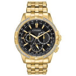 Men's Citizen Eco-Drive® Calendrier Diamond Accent Chronograph Gold-Tone Watch with Black Dial (Model: BU2082-56E)