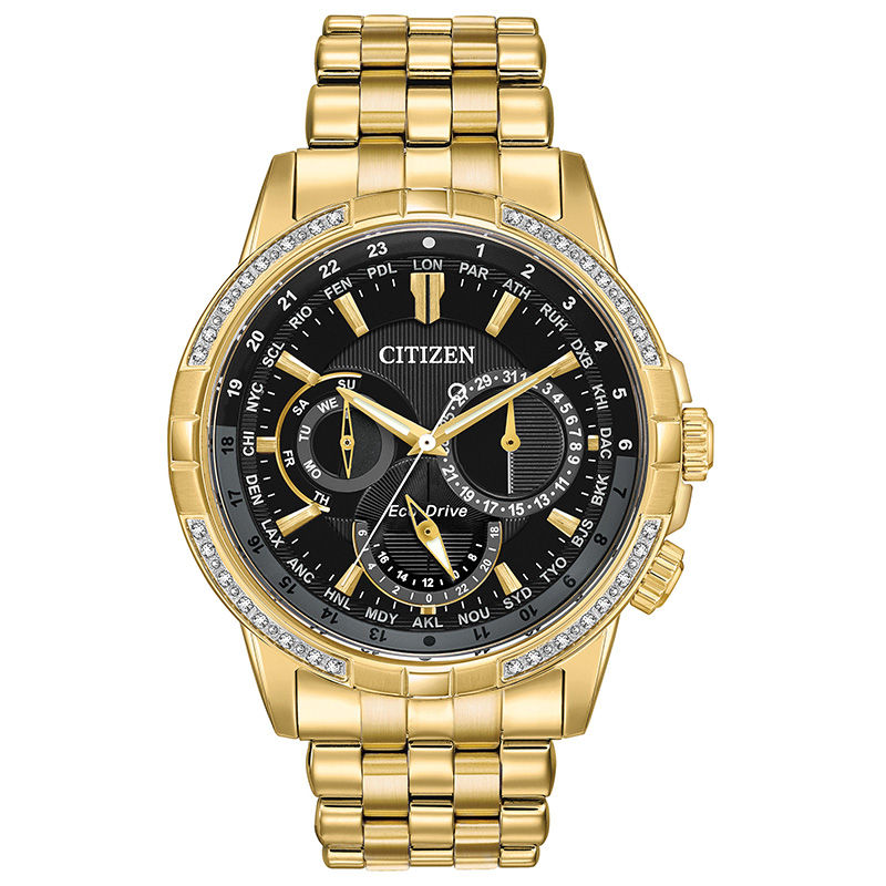 Men's Citizen Eco-Drive® Calendrier Diamond Accent Chronograph Gold-Tone Watch with Black Dial (Model: BU2082-56E)|Peoples Jewellers