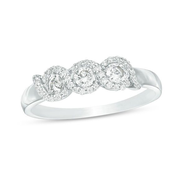 0.45 CT. T.W. Diamond Three Stone Twist Frame Engagement Ring in 10K White Gold 0.45 CT. T.W. Diamond Three Stone Twist Frame Engagement Ring in 10K White Gold