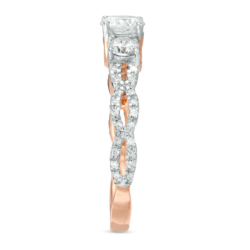 Main Image 4 of 0.95 CT. T.W. Diamond Three Stone Braid Engagement Ring in 10K Rose Gold