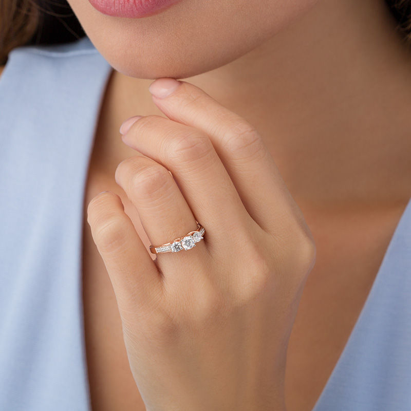 Main Image 3 of 0.69 CT. T.W. Diamond Three Stone Engagement Ring in 10K Rose Gold