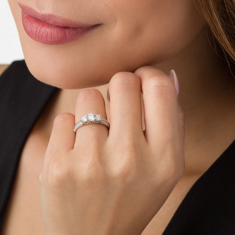 Main Image 3 of 0.95 CT. T.W. Diamond Three Stone Two Row Engagement Ring in 10K White Gold