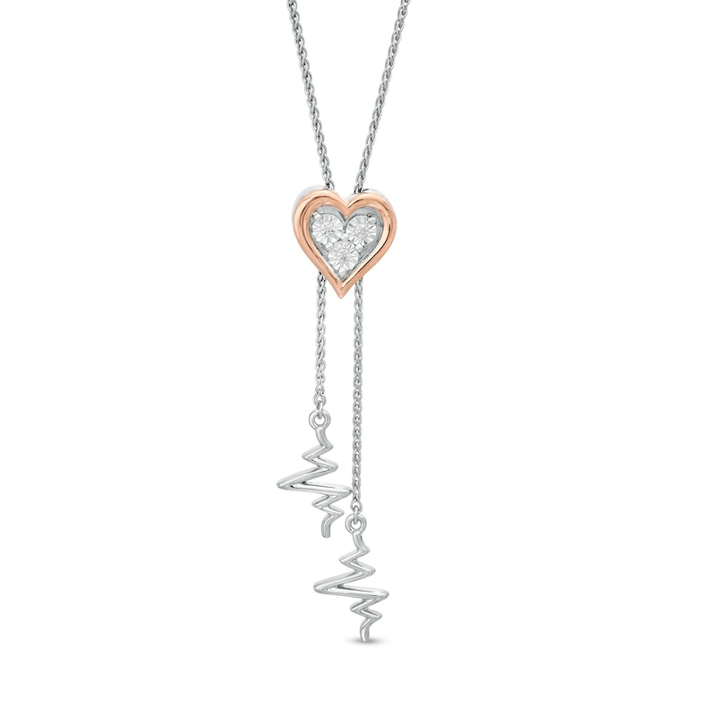 Main Image 1 of Diamond Accent Heart and Heartbeat Lariat Bolo Necklace in Sterling Silver and 10K Rose Gold - 26.5&quot;