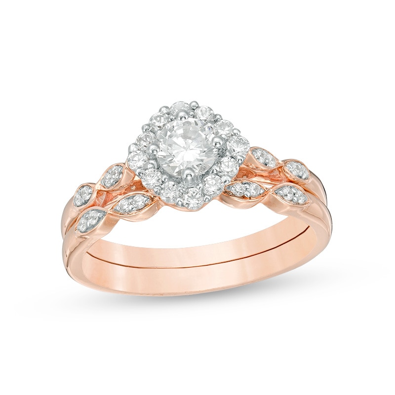 Main Image 1 of 0.58 CT. T.W. Diamond Tilted Cushion Frame Bridal Set in 10K Rose Gold