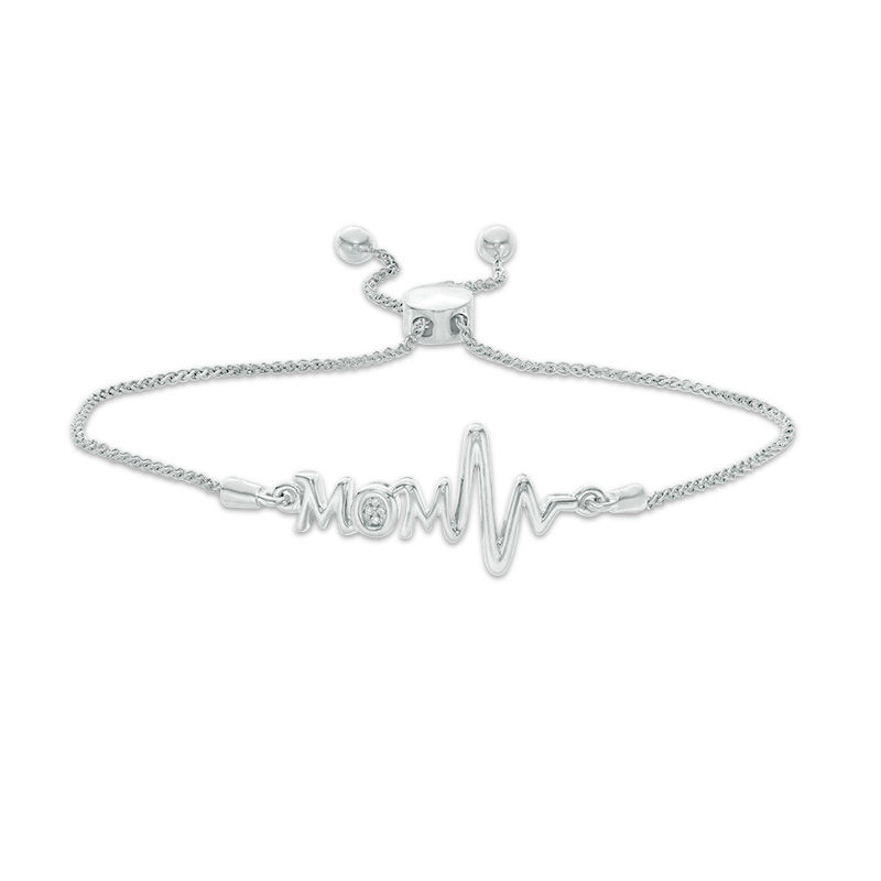 Diamond Accent "MOM" Heartbeat Bolo Bracelet in Sterling Silver - 9.5"