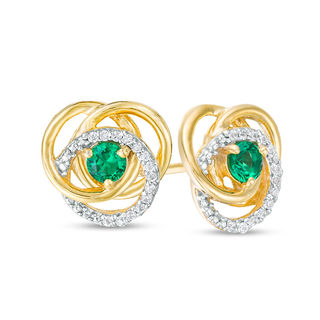 3.0mm Emerald and 0.07 CT. T.W. Diamond Love Knot Frame Stud Earrings in 10K Gold