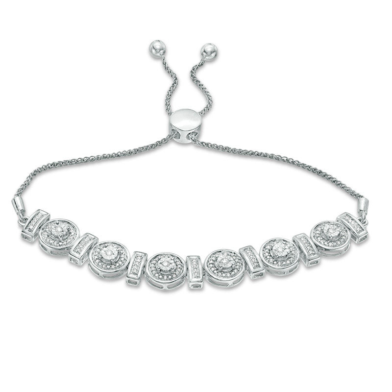 0.69 CT. T.W. Diamond Circle and Bar Alternating Bolo Bracelet in 10K White Gold - 9.5"|Peoples Jewellers