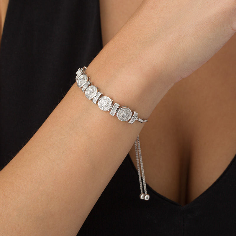 Main Image 2 of 0.69 CT. T.W. Diamond Circle and Bar Alternating Bolo Bracelet in 10K White Gold - 9.5&quot;
