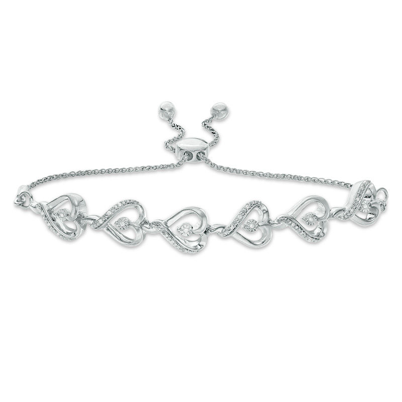 0.065 CT. T.W. Diamond Sideways Heart Link Bolo Bracelet in Sterling Silver - 9.5"|Peoples Jewellers